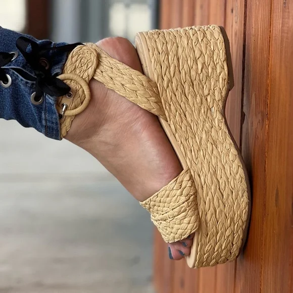 Espadrilles wedges natural tan sandals vacation shoes boho - Picture 2 of 13